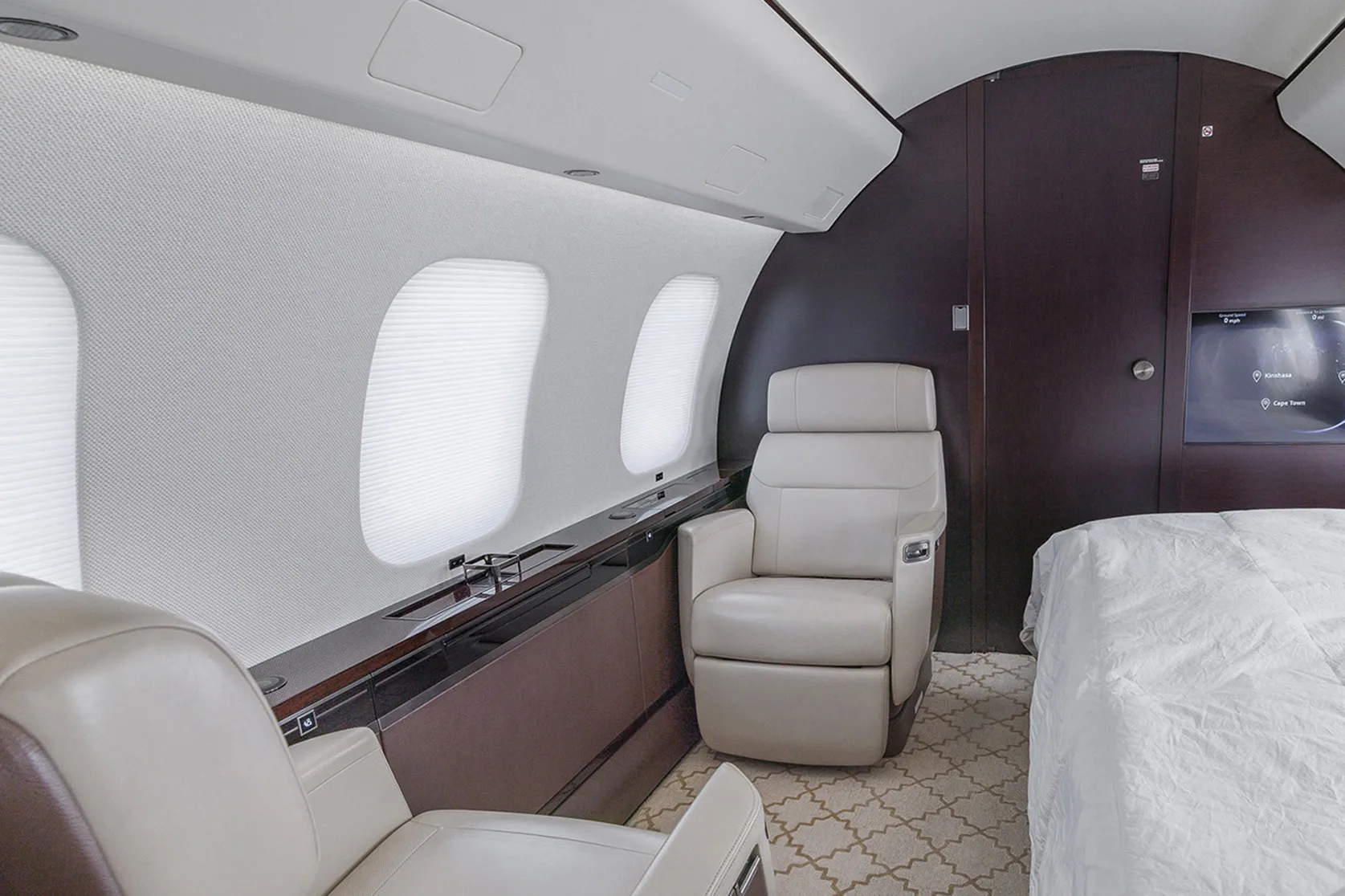 Cabin interior of a 2019 Bombardier global 7500.