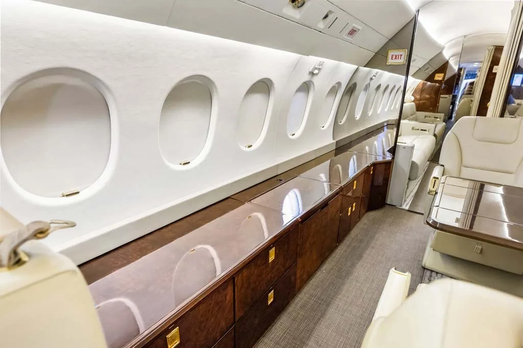 Cabin interior of a 1990 Dassault Falcon.