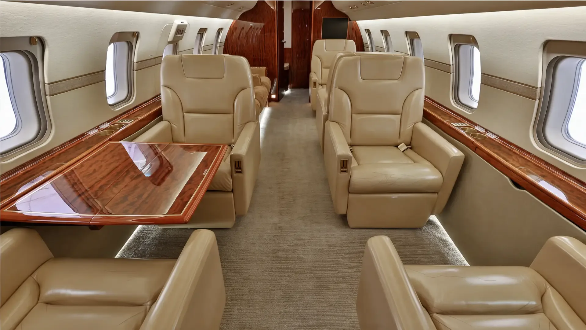 Cabin interior of a 2009 Bombardier Challenger 605.