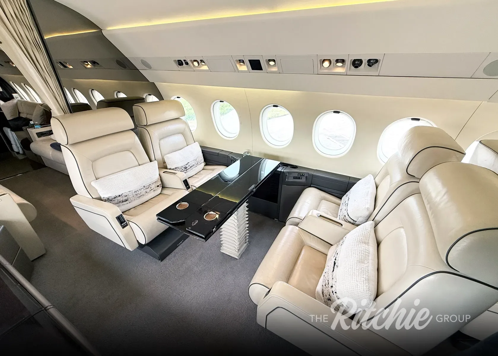 Cabin interior of a 1993 Dassault Falcon 900B.
