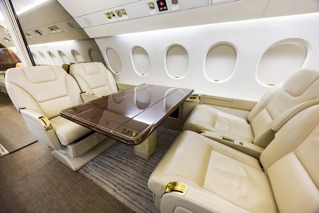 Cabin interior of a 1990 Dassault Falcon.