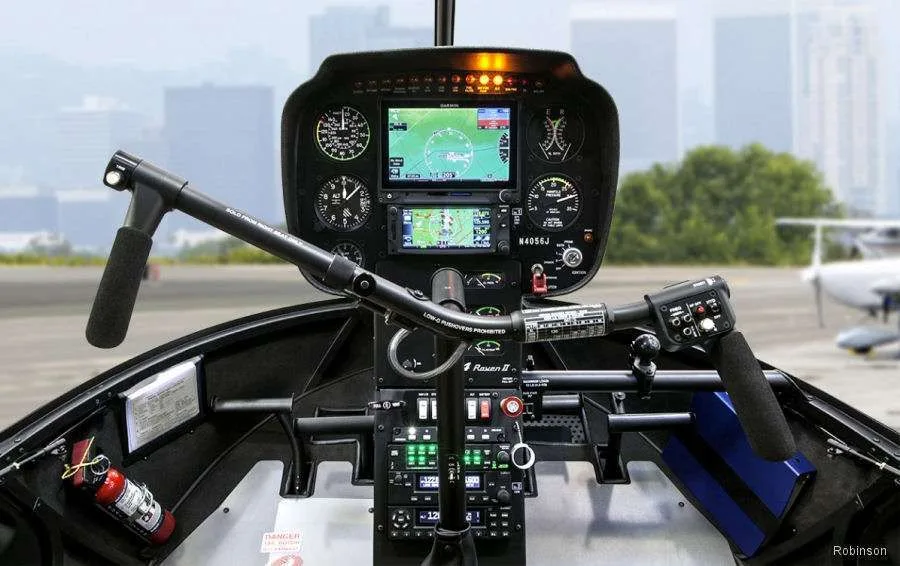 Cockpit and instrument panel of a 2022 Robinson R44 Raven II.