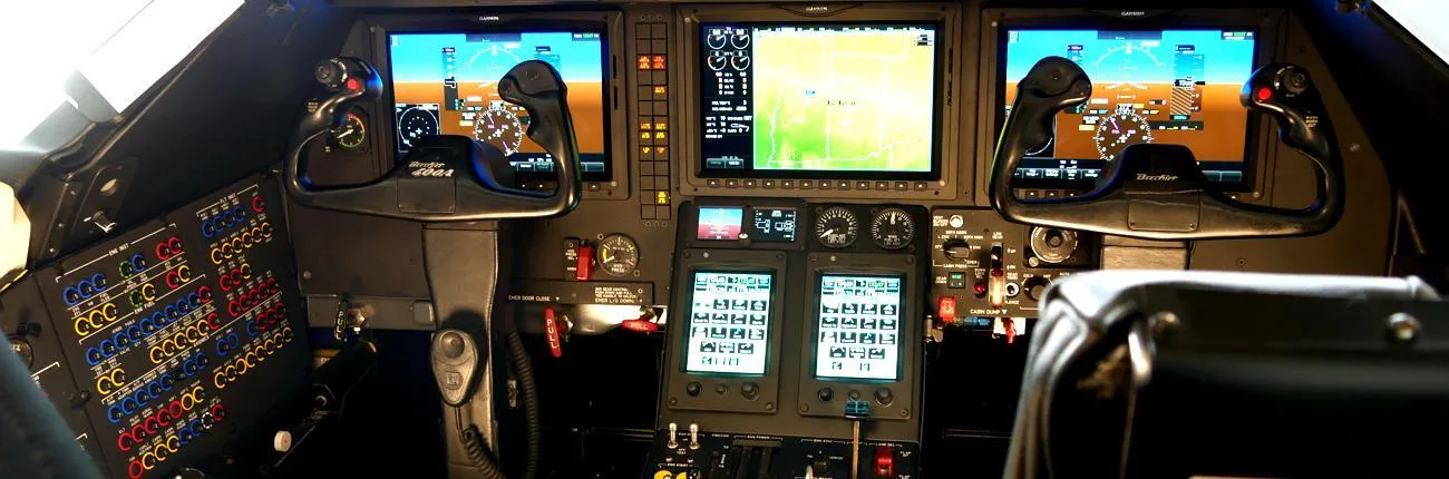 Cockpit and instrument panel of a 2008 Hawker 400XP.