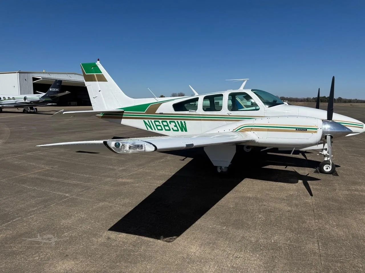 Exterior view of a 1973 BEECHCRAFT B55 BARON, N1683W.