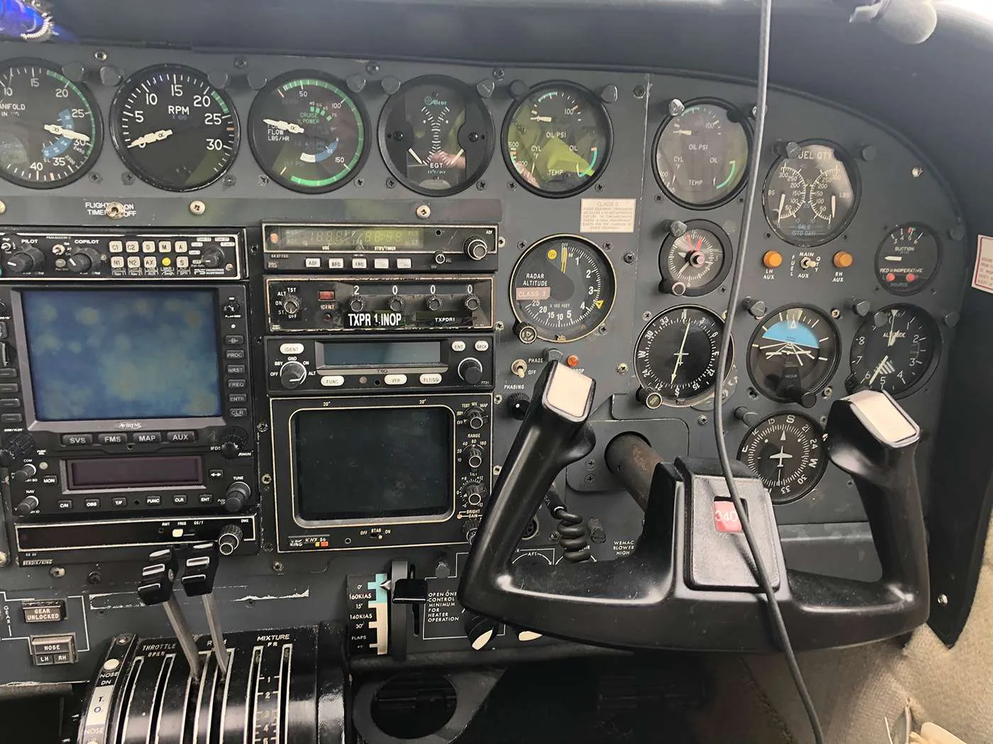 Cockpit and instrument panel of a 1978 Cessna 340A.