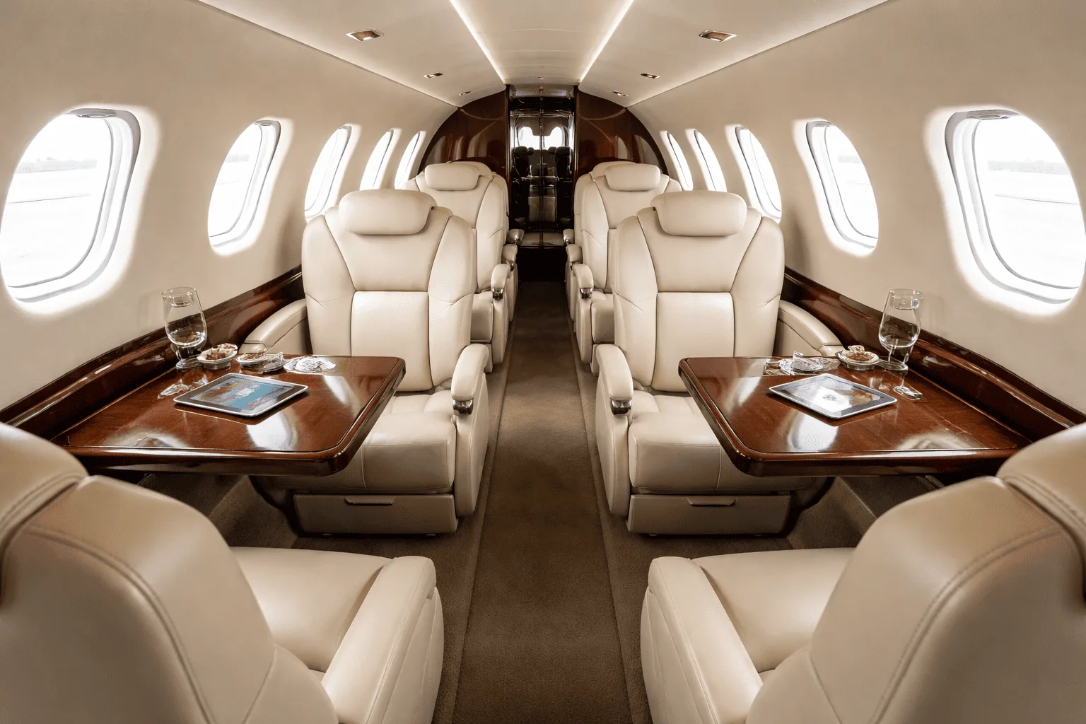 Cabin interior of a Cessna citation-excel-business-jet-configuration.