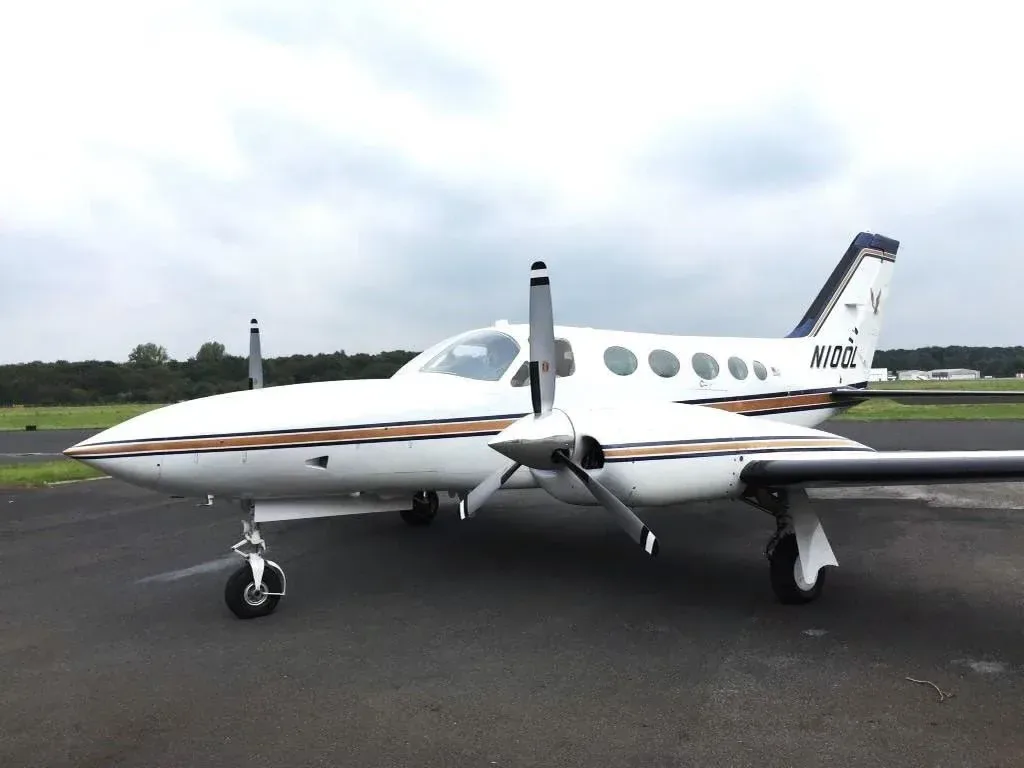 Exterior view of a 1977 Cessna 421C, N100L.