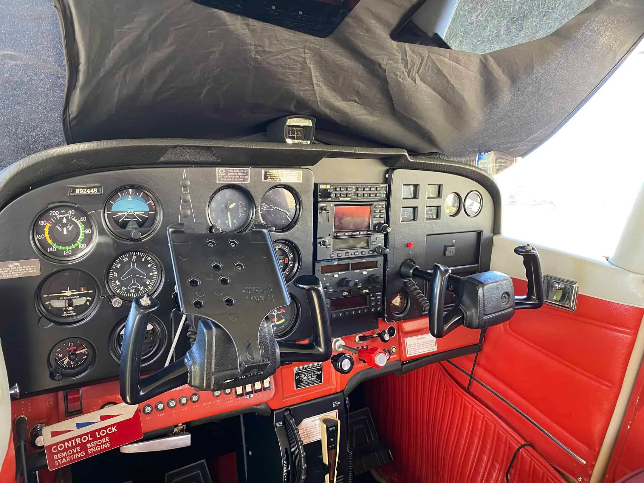 Cockpit and instrument panel of a 1973 Cessna 172M SuperHawk.