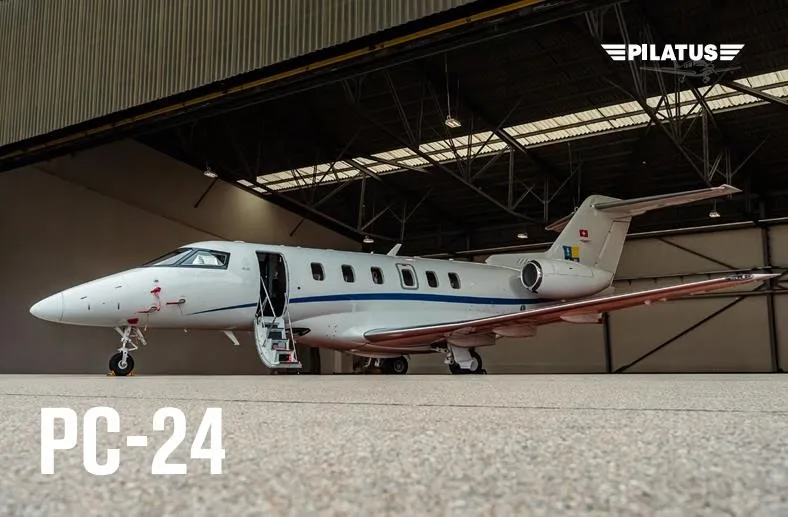 Exterior view of a 2023 PILATUS PC-24, HB-VAE.