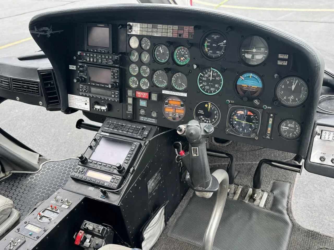 Cockpit and instrument panel of a 1982 AEROSPATIALE AS355F1.