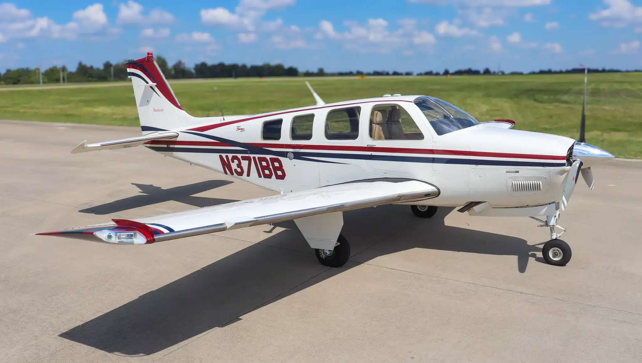 Exterior view of a 1980 Beechcraft Bonanza A36TC, N3807X.