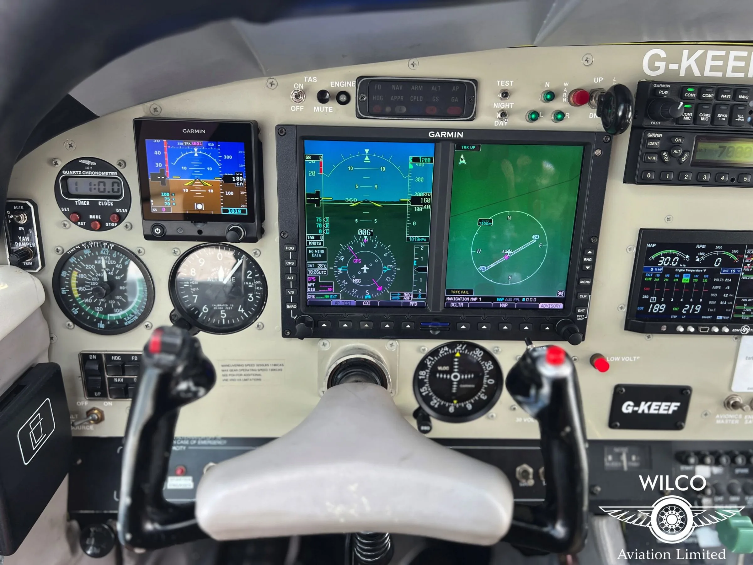 Cockpit and instrument panel of a 1994 Rockwell Commander 114B.