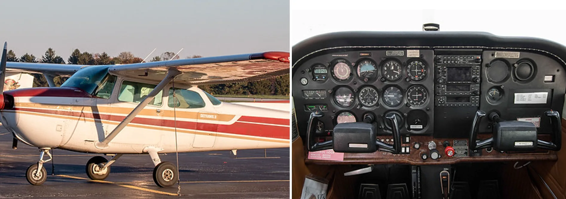 Cockpit and instrument panel of a 1980 Cessna 172N Skyhawk.