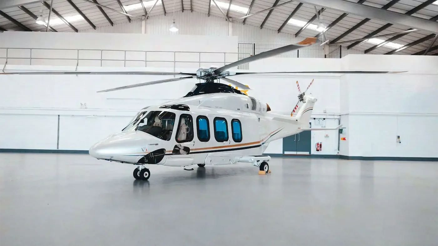 Exterior view of a 2015 Leonardo AW139, G-LXRY.