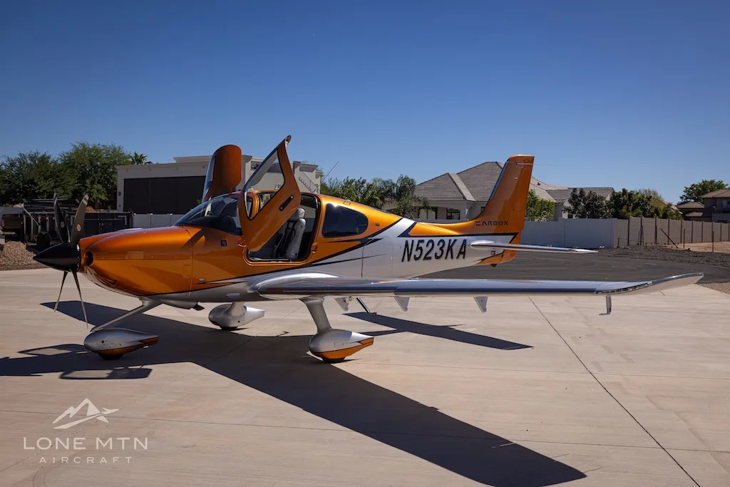 Exterior view of a 2022 Cirrus SR22T G6 GTS, N523KA.