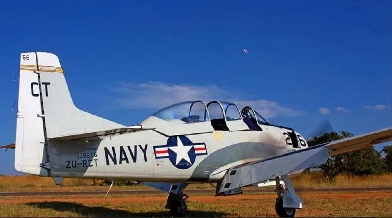 Exterior view of a 1955 North American T-28B Trojan.