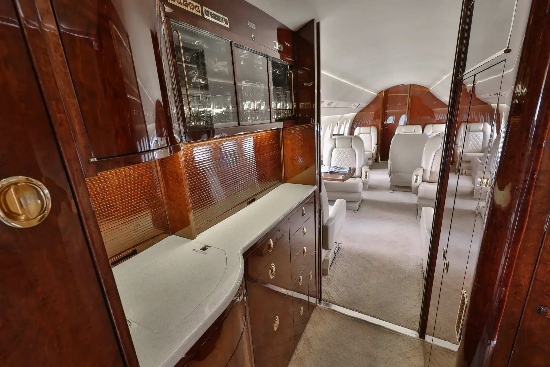 Cabin interior of a 1999 Dassault Falcon 2000.