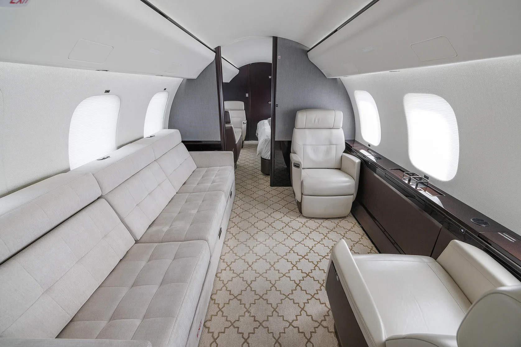 Cabin interior of a 2019 Bombardier global 7500.