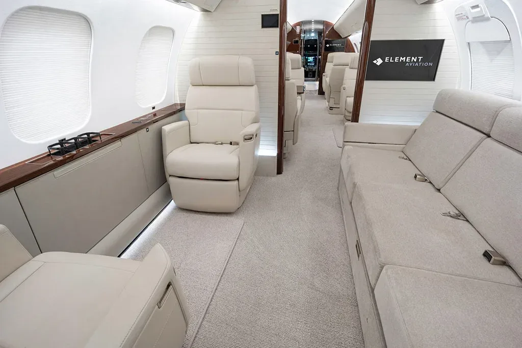 Cabin interior of a 2020 Bombardier Global 7500.