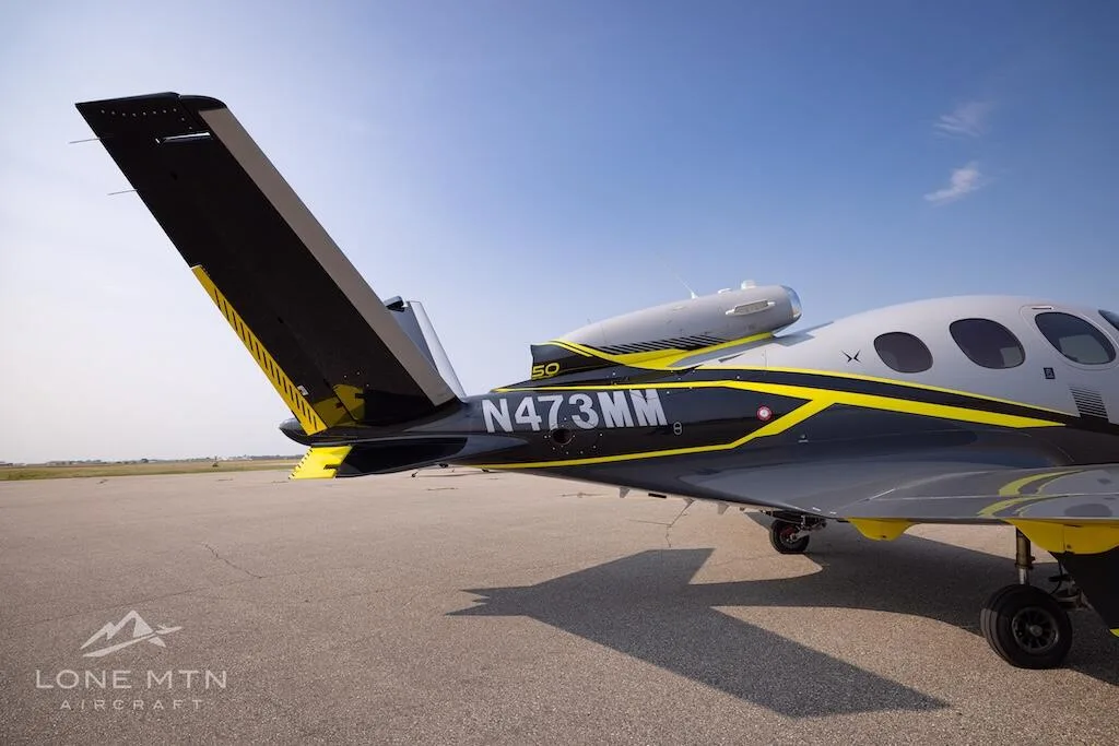 Exterior view of a 2019 Cirrus SF50 G2 Vision Jet.