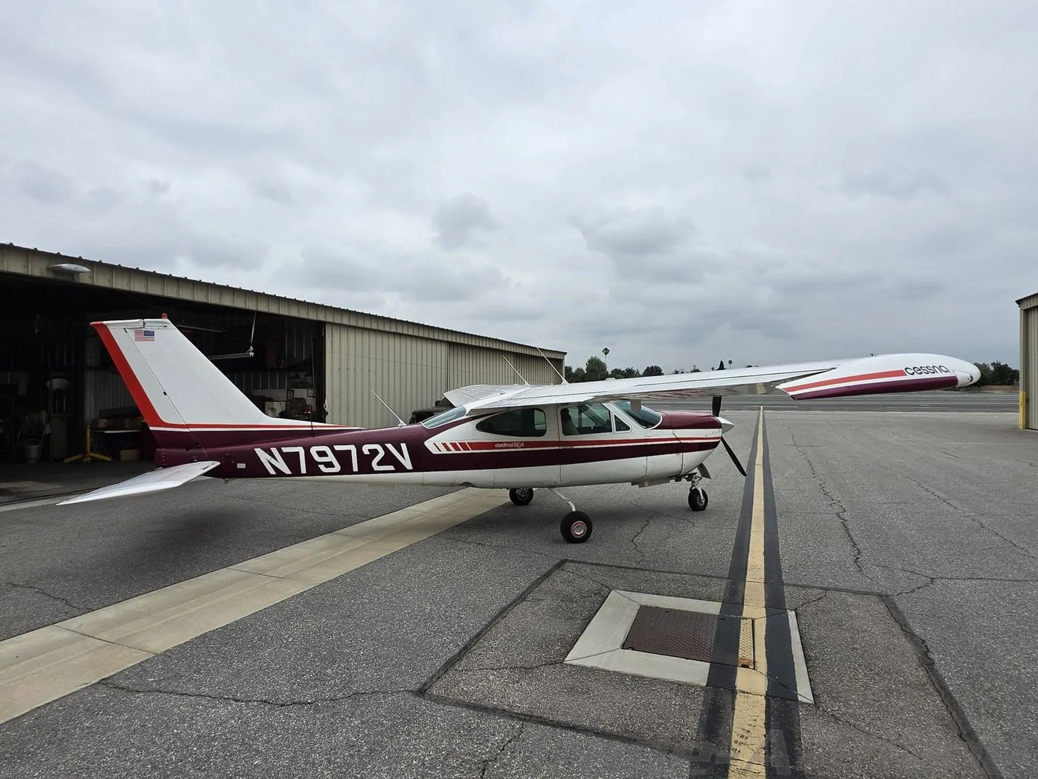 Exterior view of a 1976 CESSNA 177RG, N7972V.