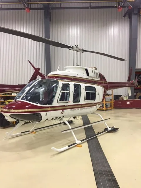 Exterior view of a 1982 Bell 206L1 C30P 45764, C-FWDC.