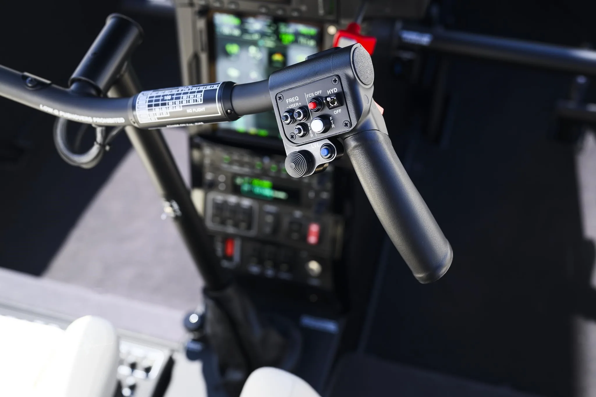 Cockpit and instrument panel of a 2027 ROBINSON R66 NXG.