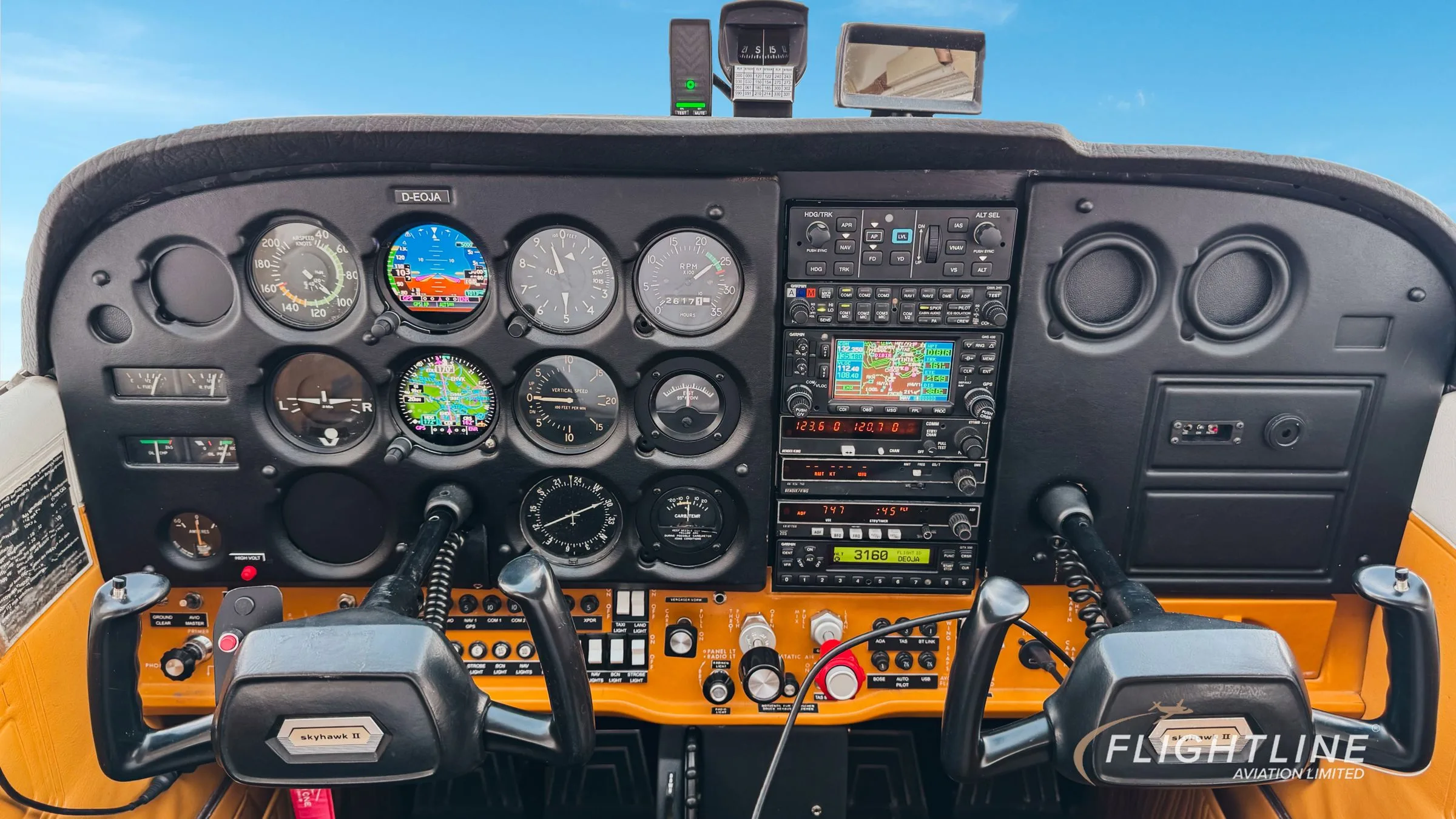 Cockpit and instrument panel of a 1977 Cessna F172N.