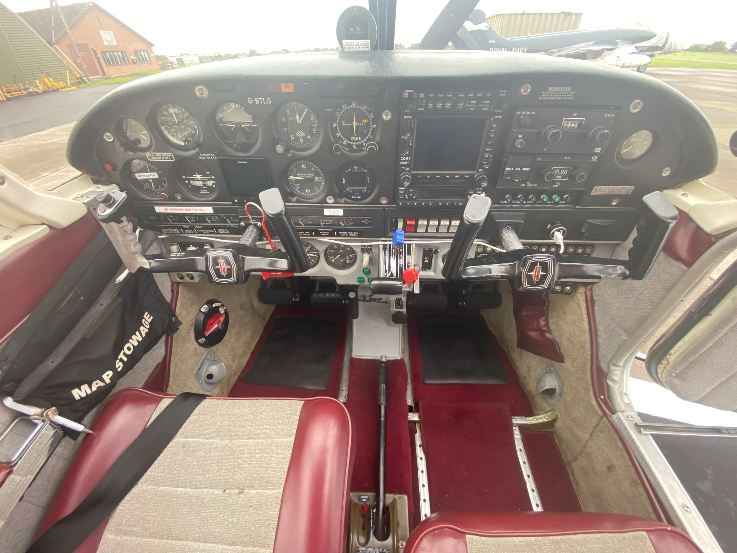 Cockpit and instrument panel of a 1970 Piper PA-28R-200 Arrow II.