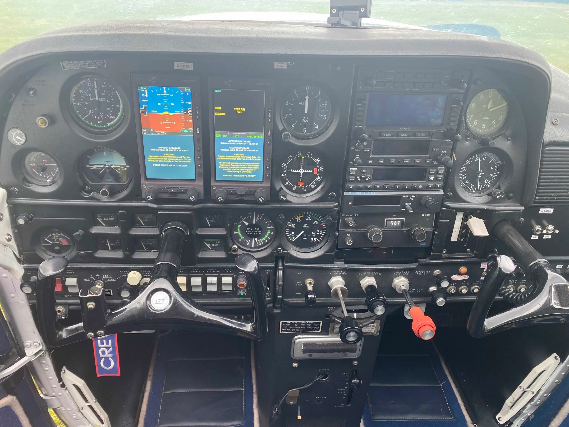 Cockpit and instrument panel of a 1971 Cessna F177RG Cardinal.