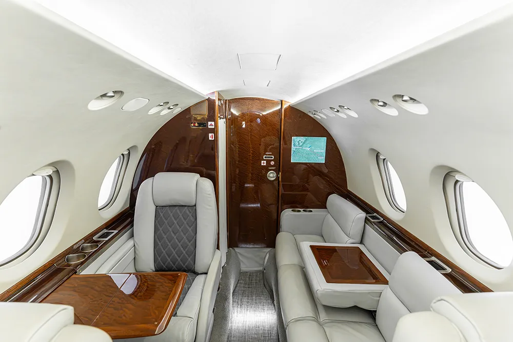 Cabin interior of a 2009 Hawker 750.