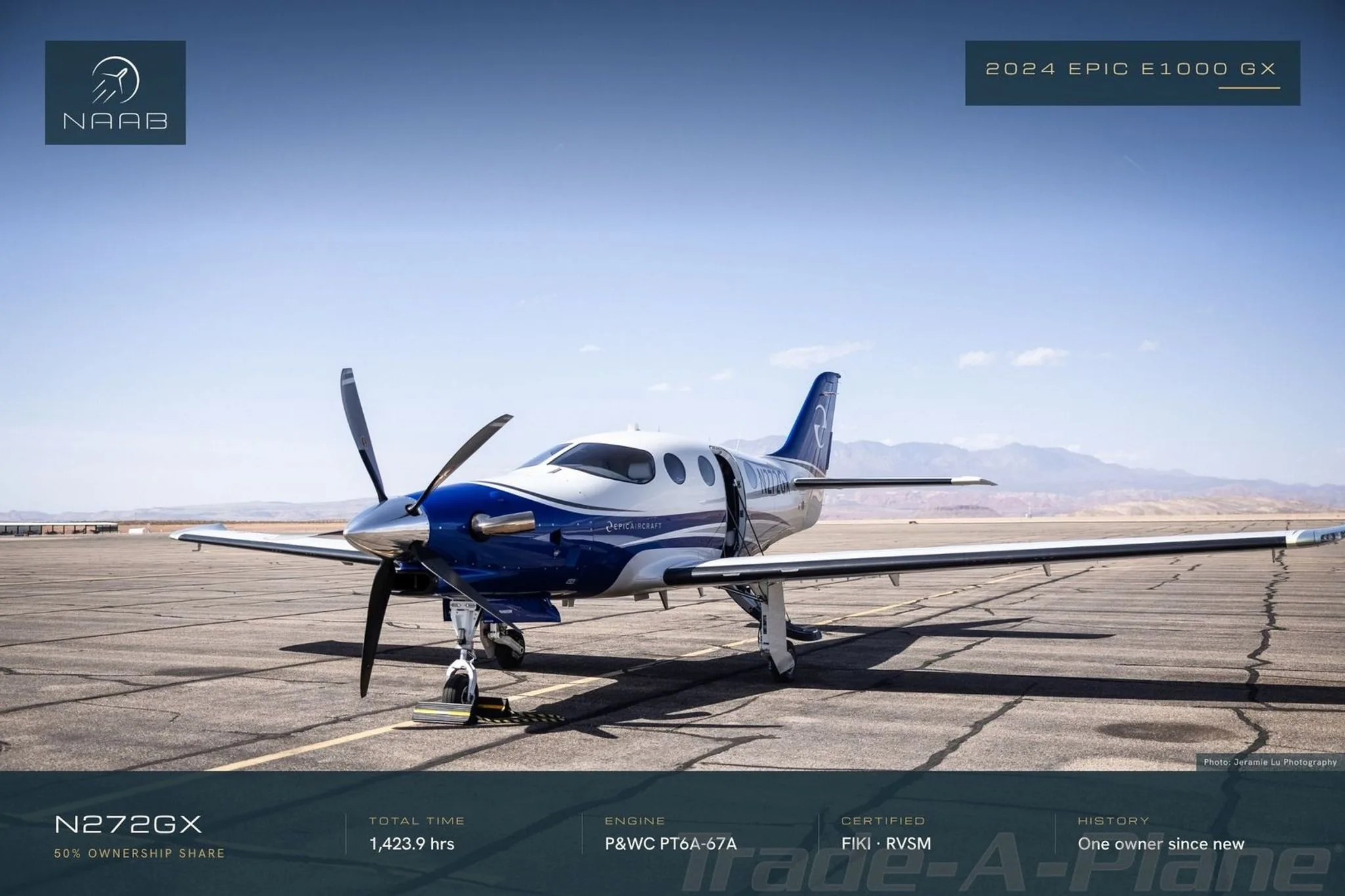 Exterior view of a 2024 EPIC E1000, N272GX.