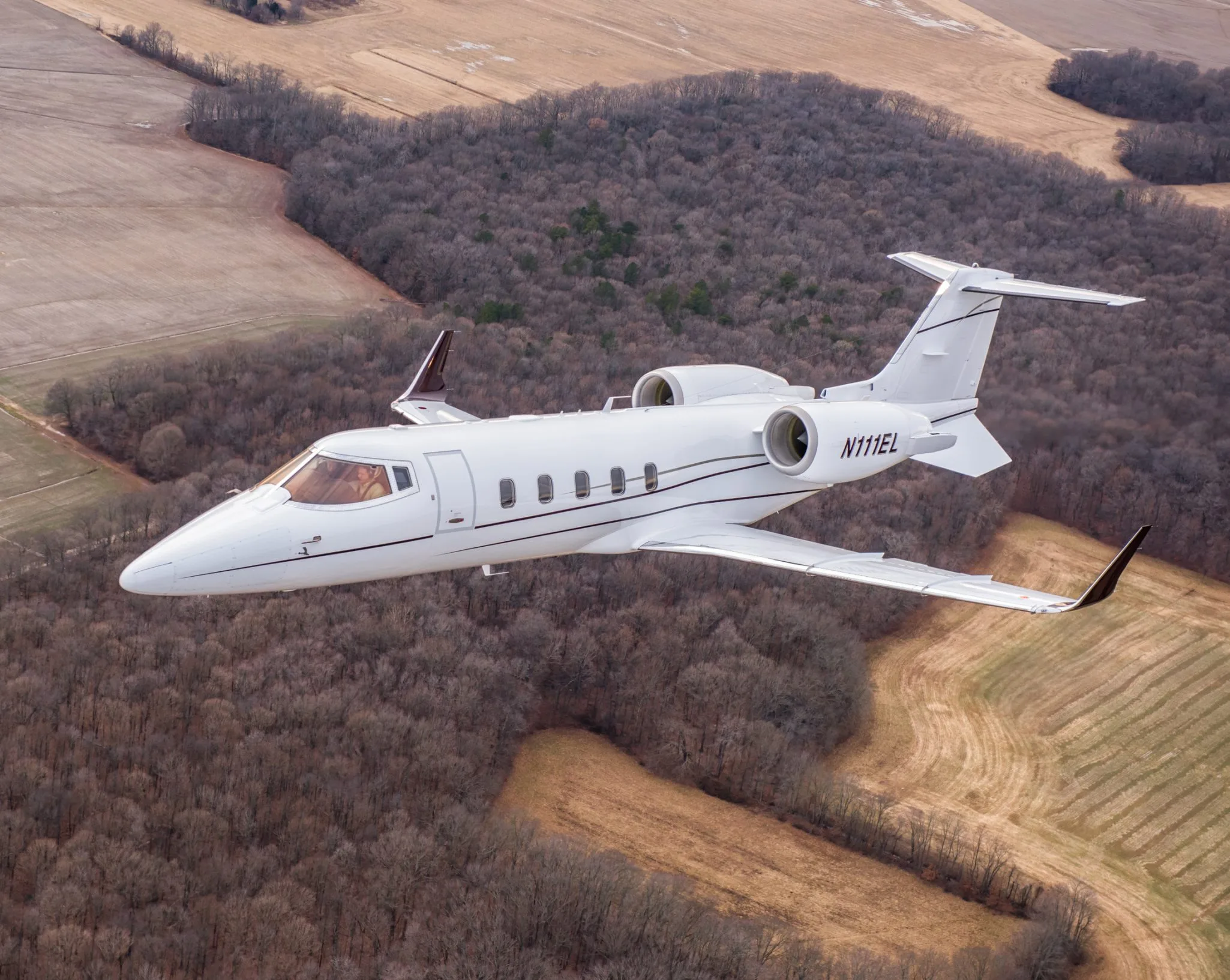 Exterior view of a 2008 Bombardier Learjet 60XR, N111EL.