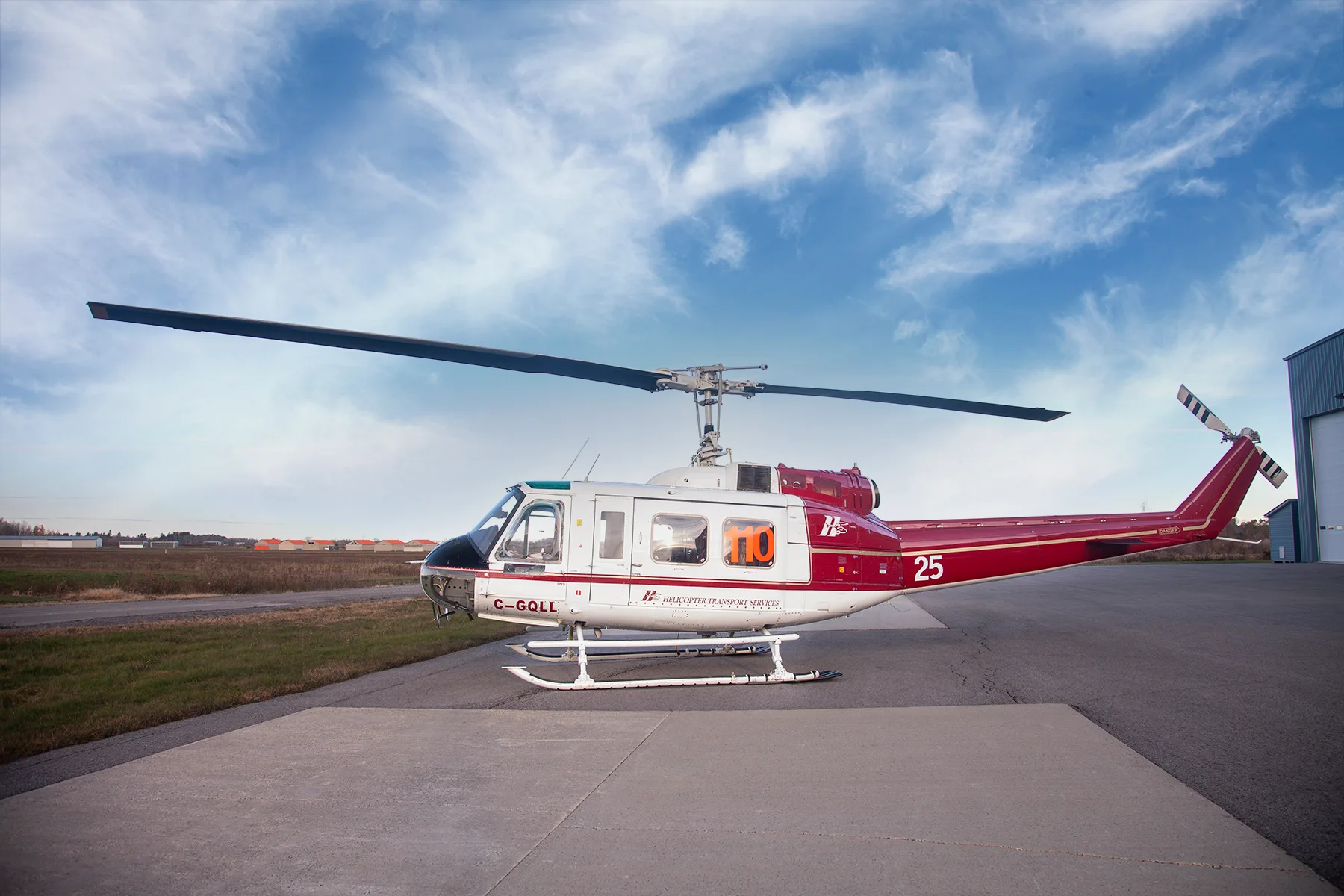 Exterior view of a 1968 Bell 205A1 30018, C-GQLL.