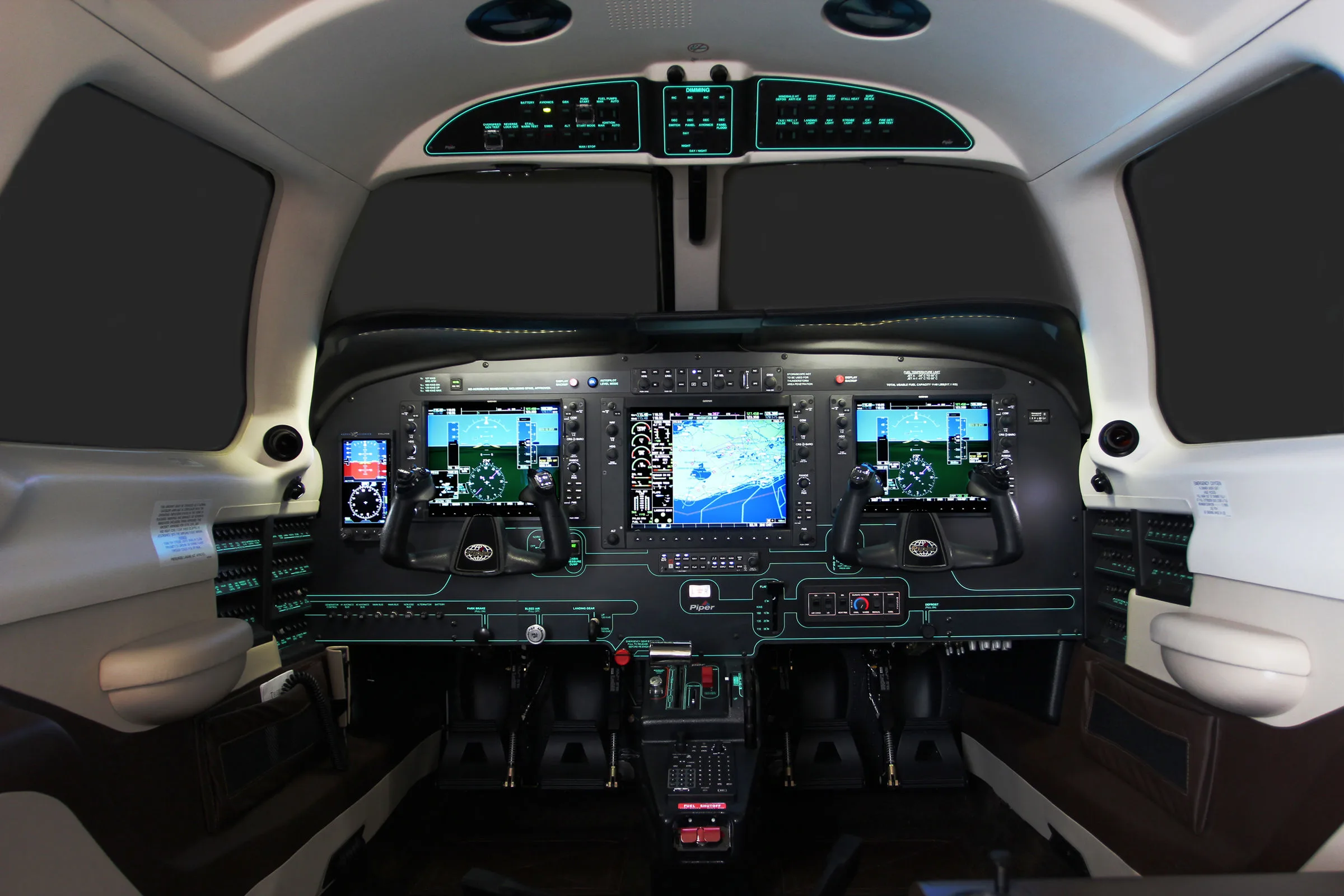 Cockpit and instrument panel of a 2026 Piper PA-46 M500.
