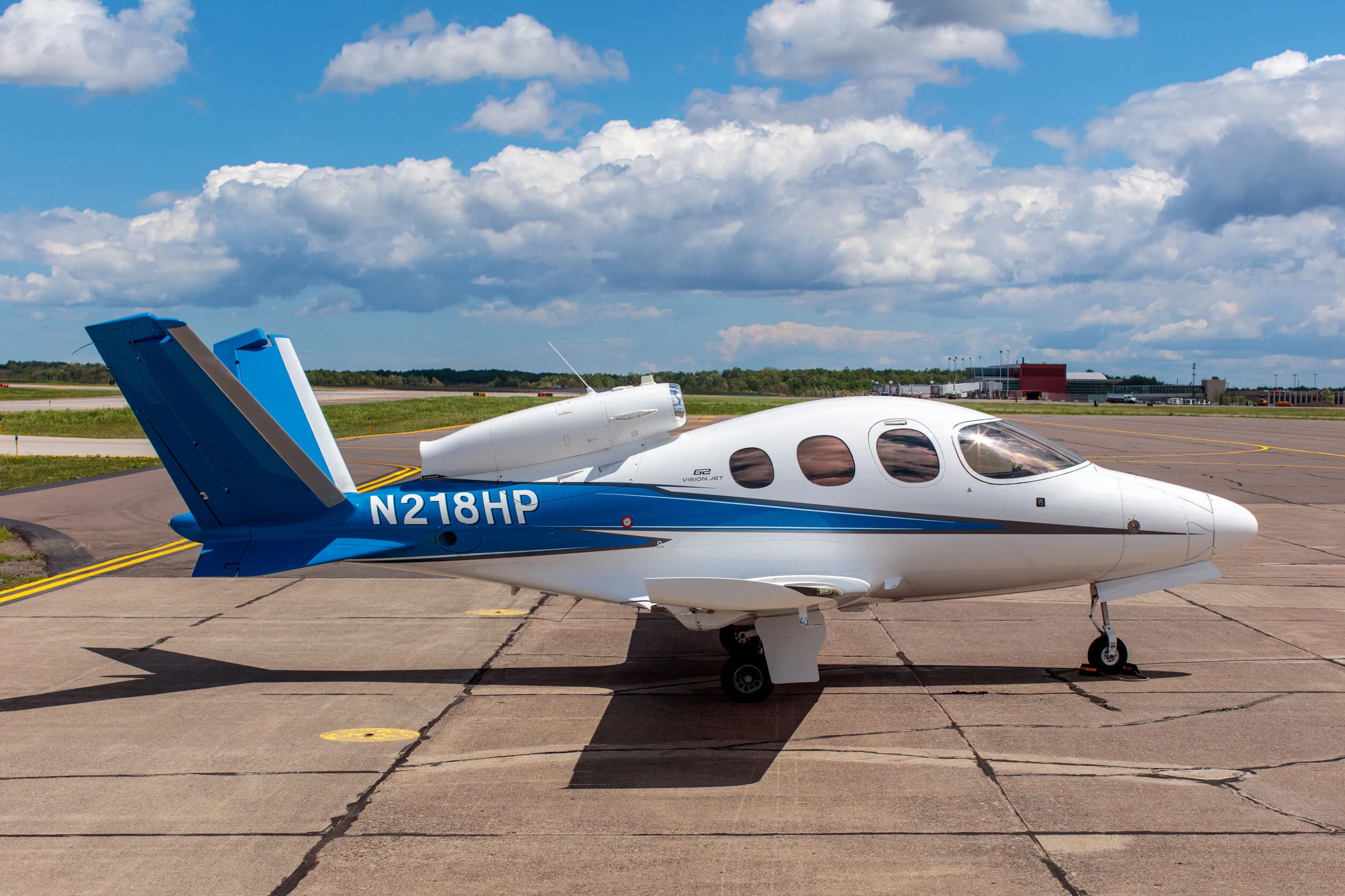 Exterior view of a 2019 Cirrus SF50-G2 Elite, N218HP.