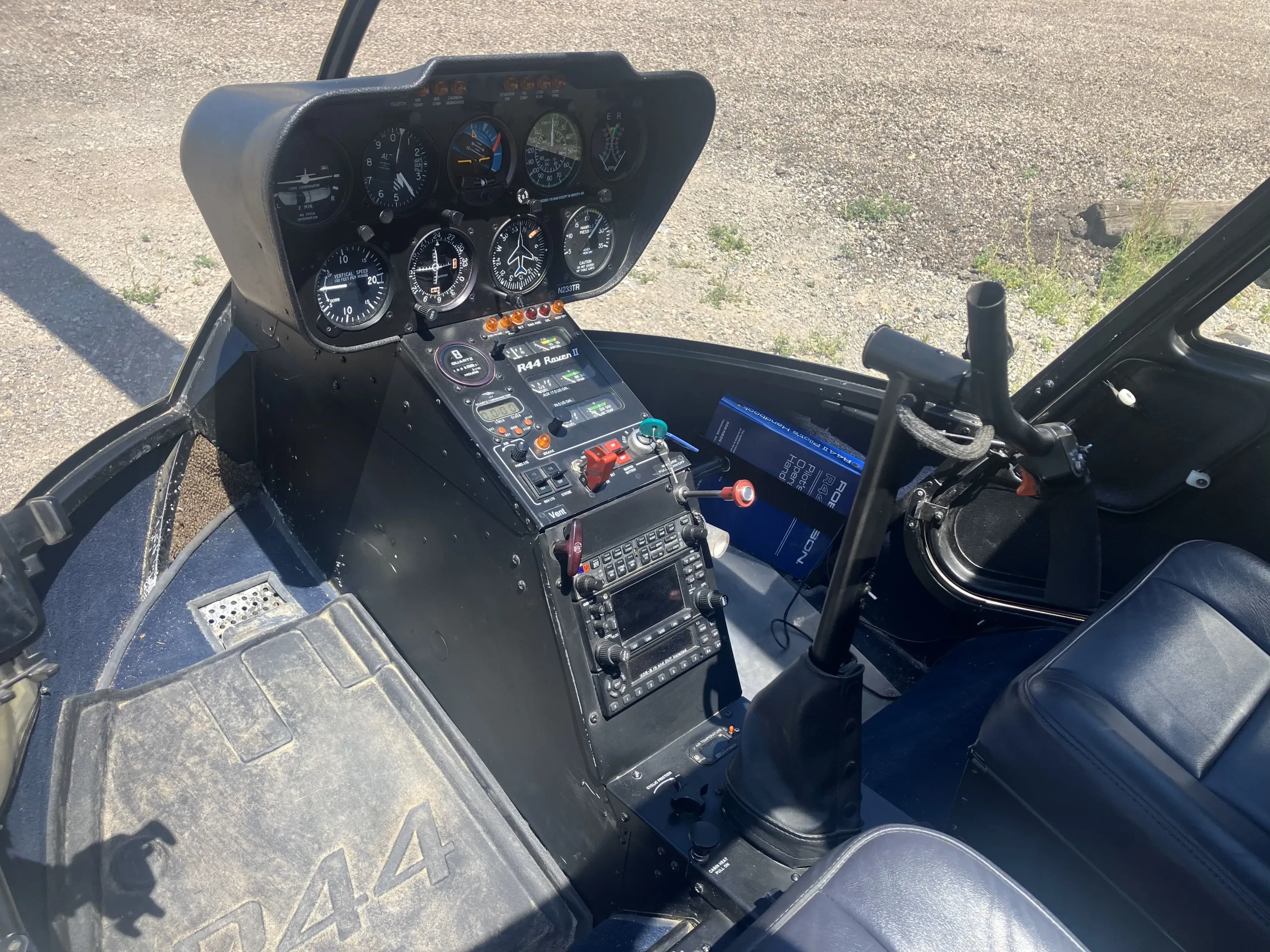 Cockpit and instrument panel of a 2003 Robinson R44 II.