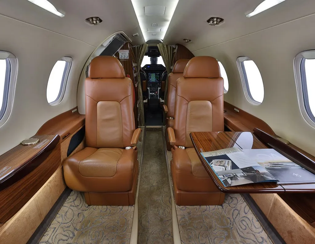 Cabin interior of a 2015 Embraer Phenom 300.