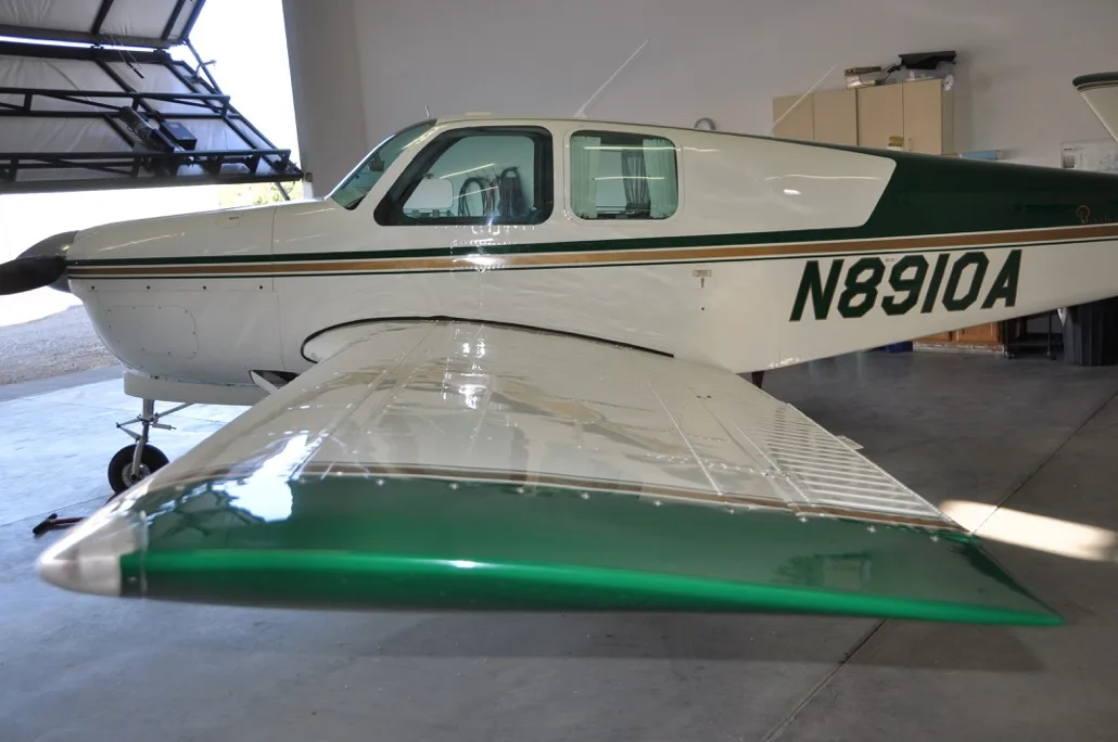 Exterior view of a 1950 Beechcraft B35, N8910A.