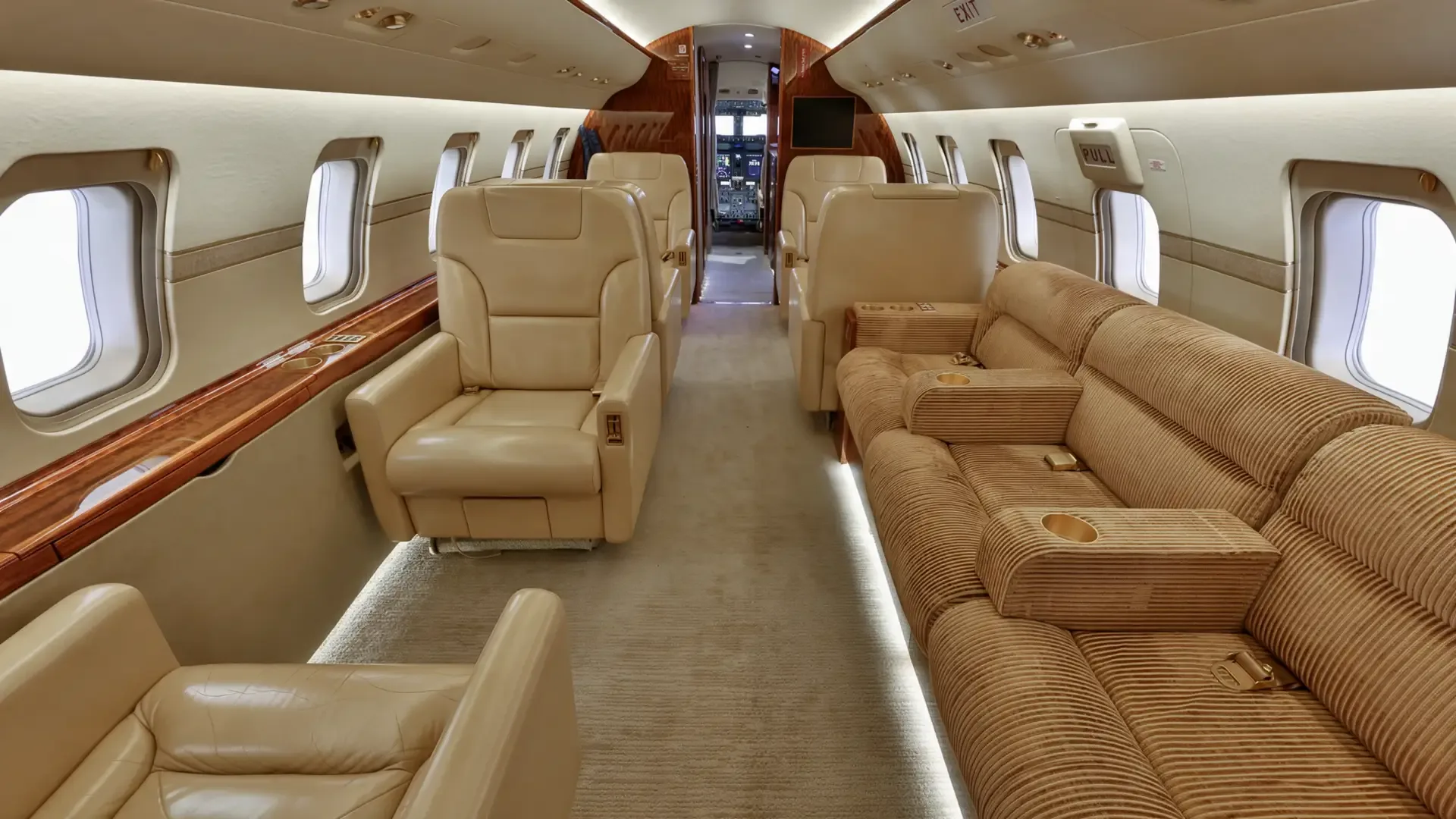 Cabin interior of a 2009 Bombardier Challenger 605.