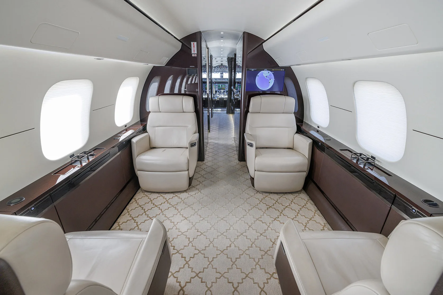 Cabin interior of a 2019 Bombardier global 7500.