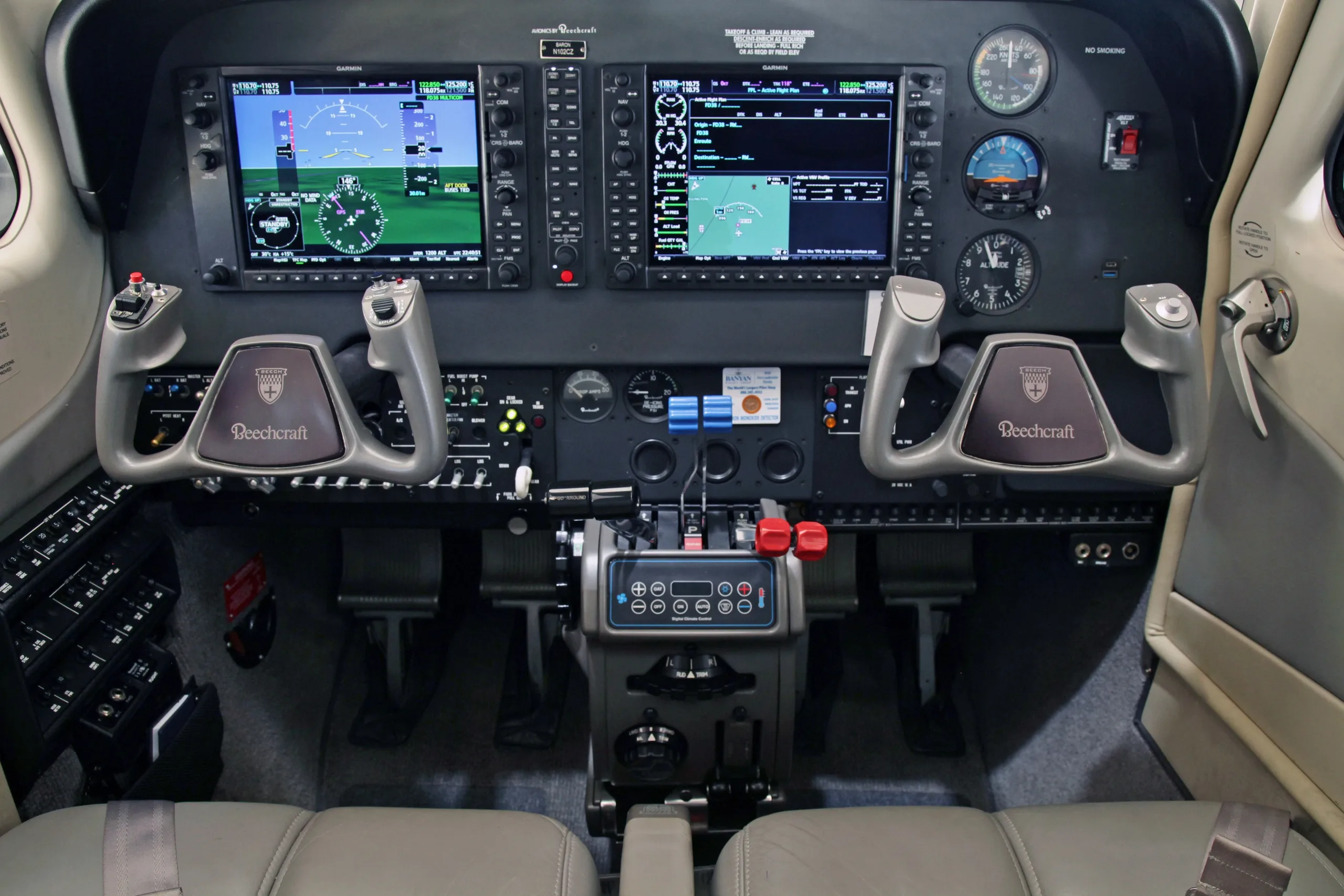 Cockpit and instrument panel of a 2016 Beechcraft Baron G58 SN.