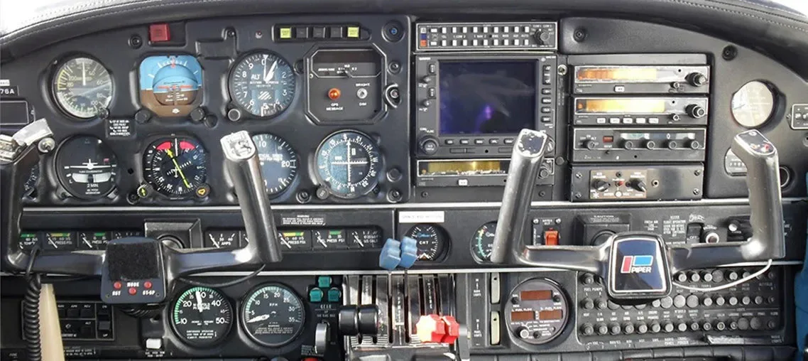 Cockpit and instrument panel of a 1981 Piper Turbo Seminole TSIO-360’s Garmin 530W.
