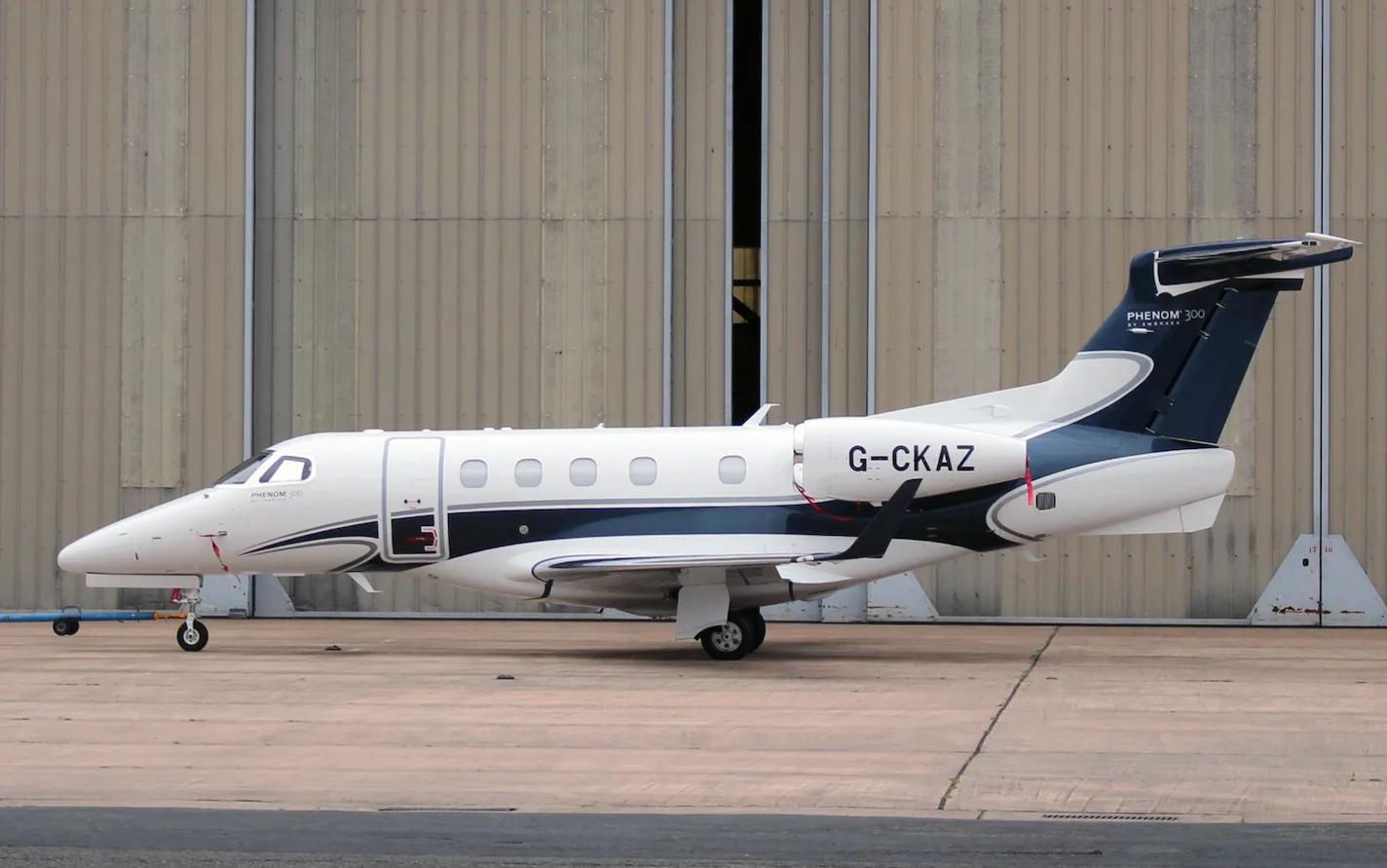 Exterior view of a 2017 Embraer phenom 300.