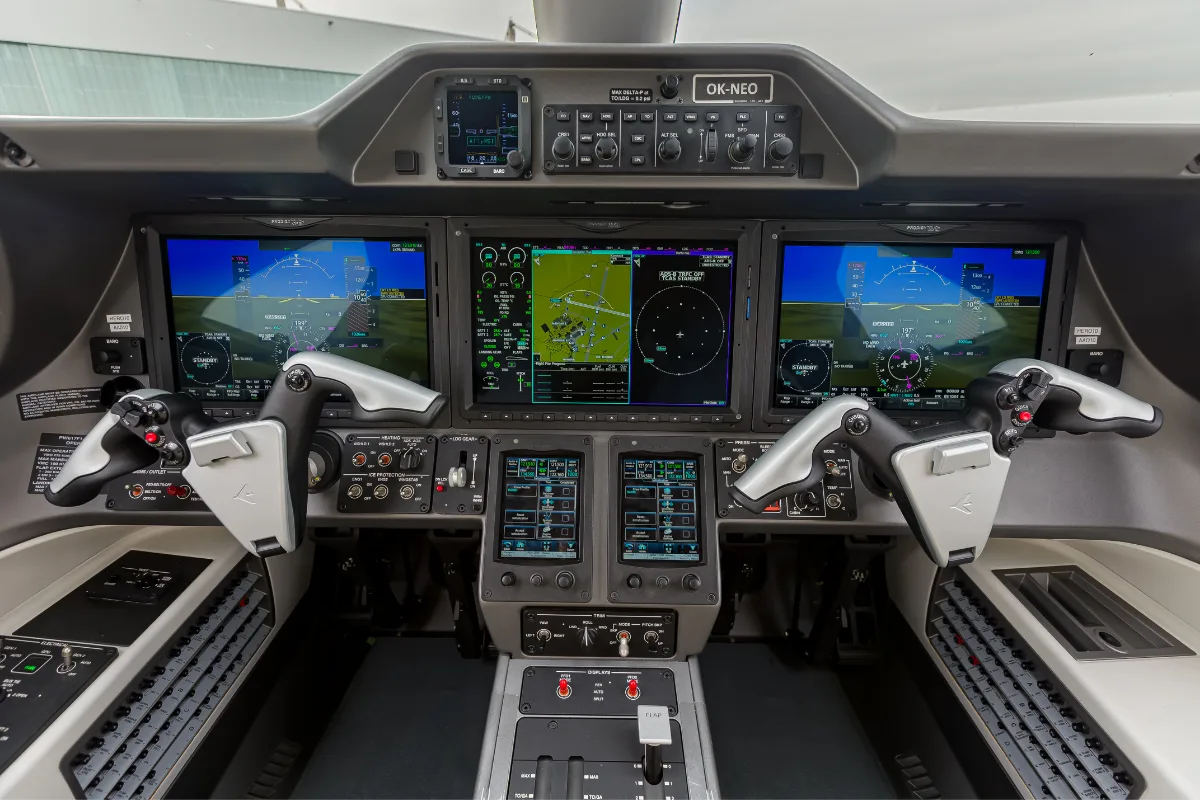 Cockpit and instrument panel of a 2023 Embraer Phenom 100EV.