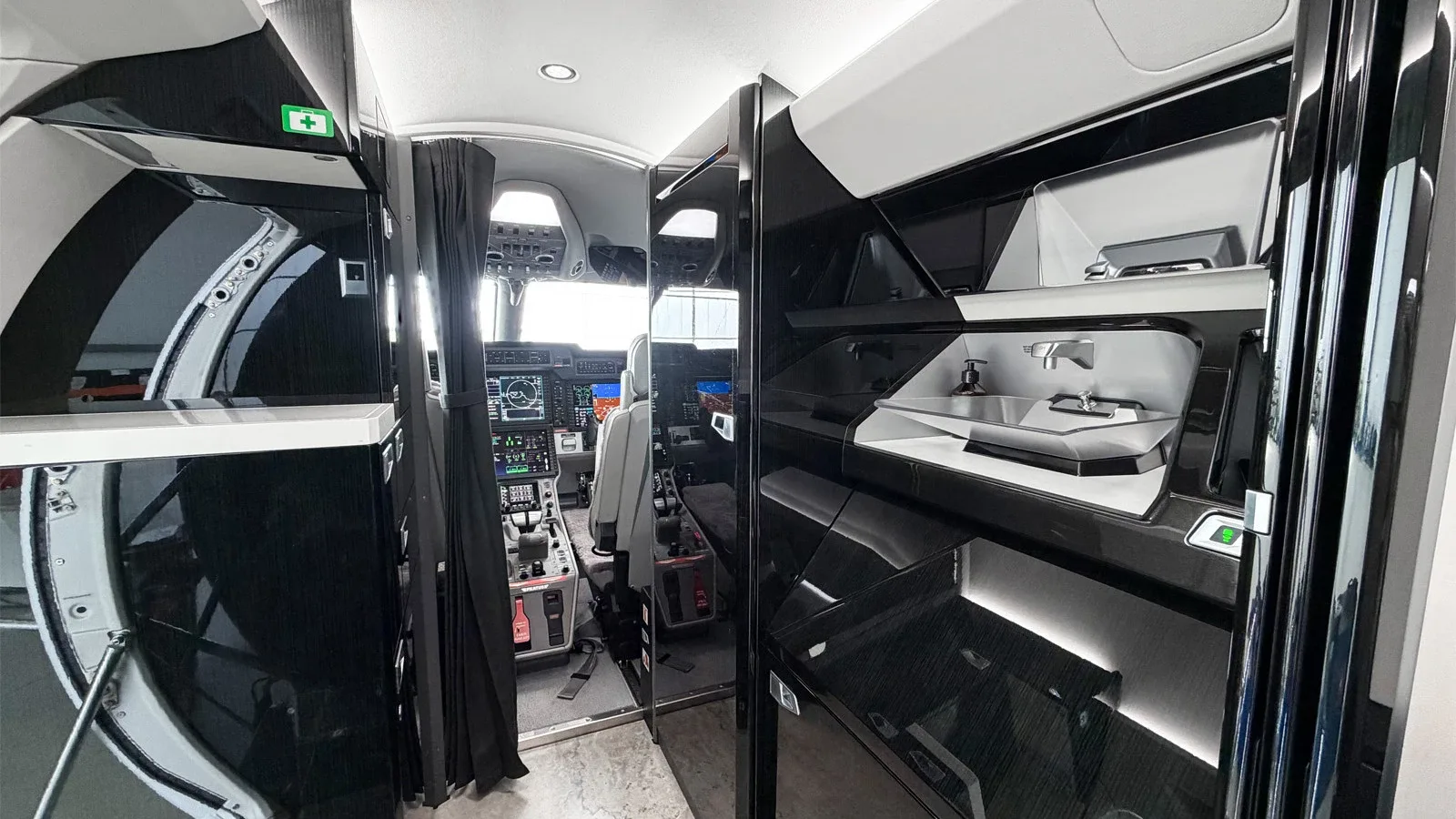 Cabin interior of a Pilatus Jet.