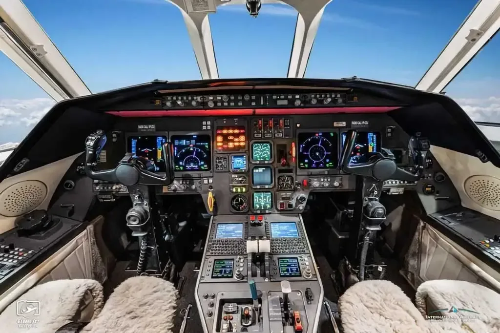 Cockpit and instrument panel of a 2001 Dassault Falcon.