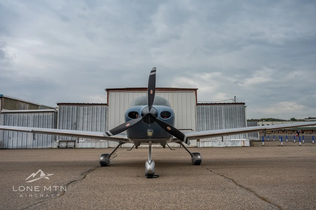 Exterior view of a 2020 Cirrus SR22 G6 GTS, N786HP.