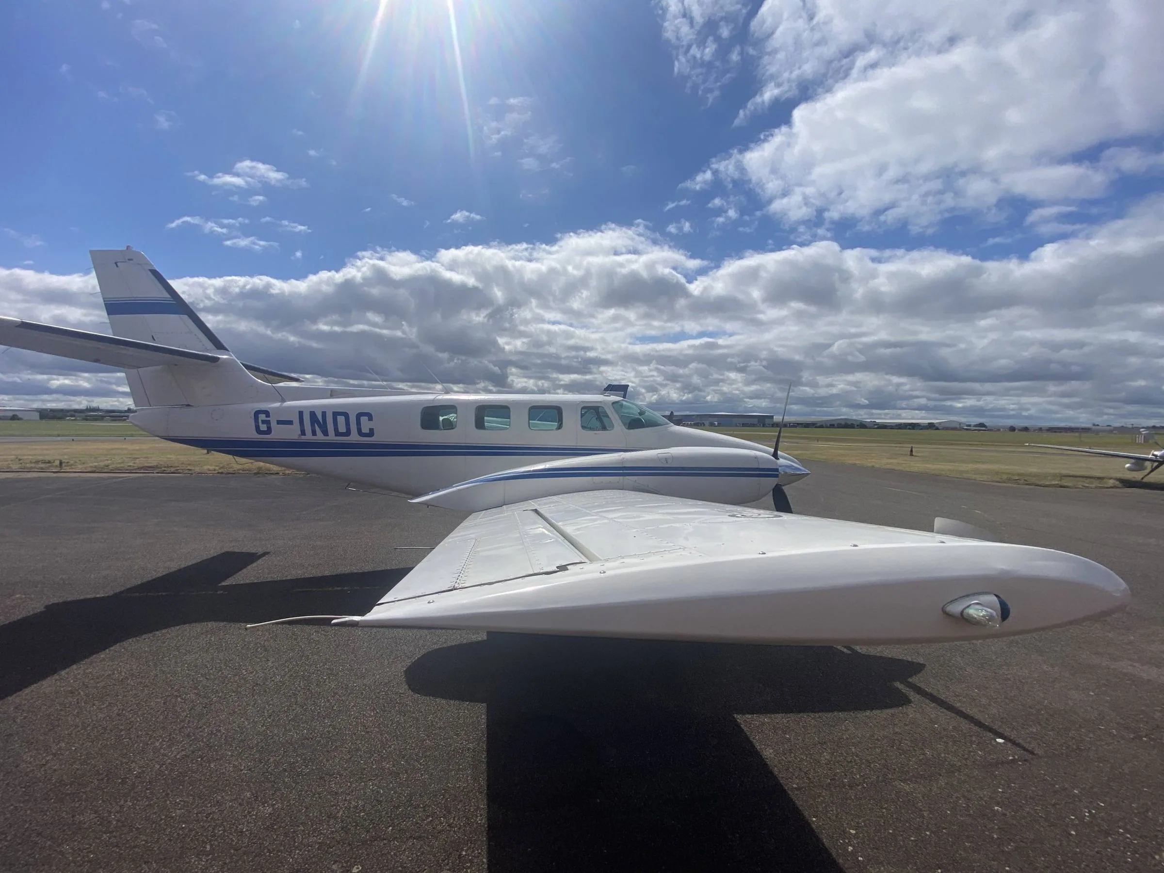 Exterior view of a 1982 Cessna T303 Crusader.