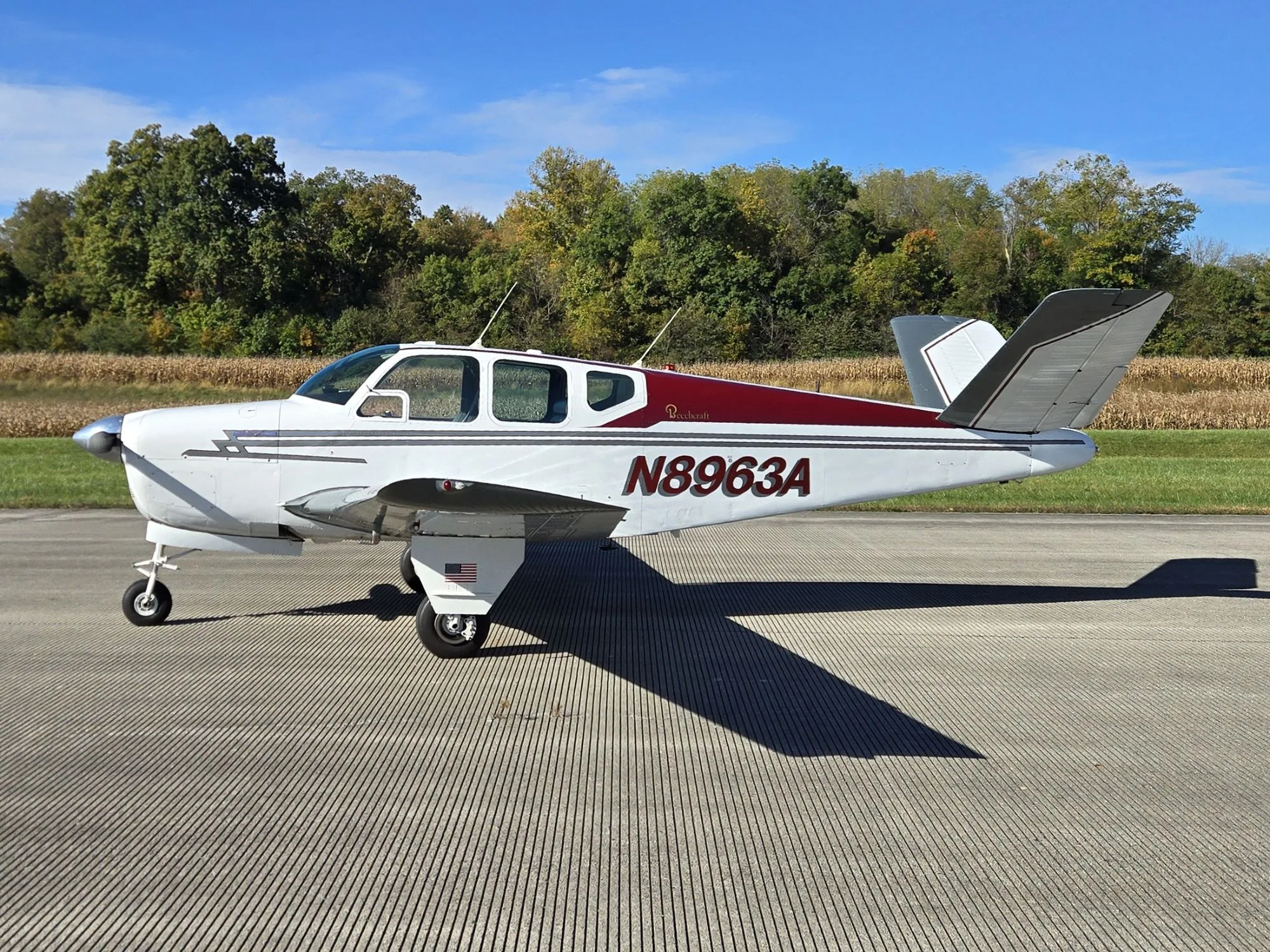 Exterior view of a Beechcraft Bonanza, N8963A.